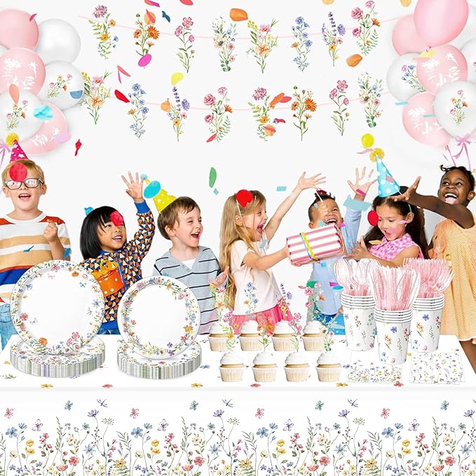 175 PCS Spring Wildflower Party Decorations include Plates, Cups, Napkins, Cutlery, Cake Toppers, Banner, Tablecloth, Balloons for Floral Baby Shower Birthday Decorations, Serves 20