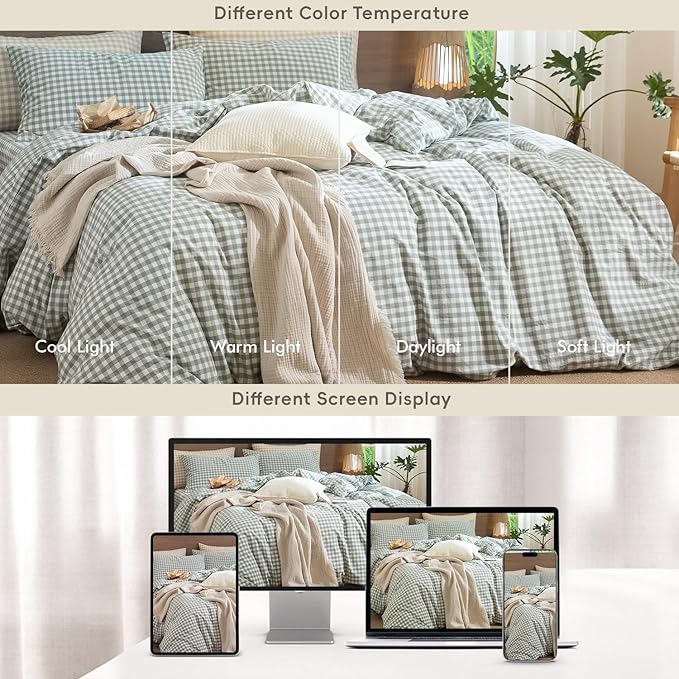 MooMee Gingham Duvet Cover Set 100% Washed Cotton Linen Like Textured Breathable Durable Soft Comfy Modern Checkered Design (Sage Green Gingham, Oversized Queen 98"x98")