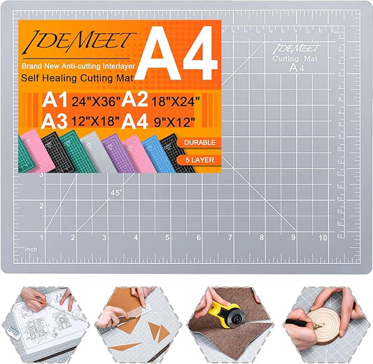 Density-upgraded 9"x12" Self Healing Cutting Mat, Idemeet Rotary Sewing Mat for Crafts, 5-Ply Blade Table Protector Cut Board for Fabric Leather Cutting Quilting Modeling Hobby Project, A4, Gray