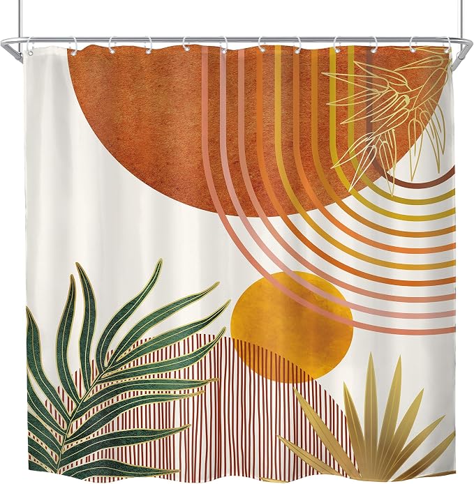 KOMLLEX Mid Century Orange Boho Shower Curtain for Bathroom Decor 72Wx78H Inches Abstract Retro Gold Modern Contemporary Bohemian Arch Simple Plant Fabric Waterproof Polyester 12 Pack Hooks Pack Hooks