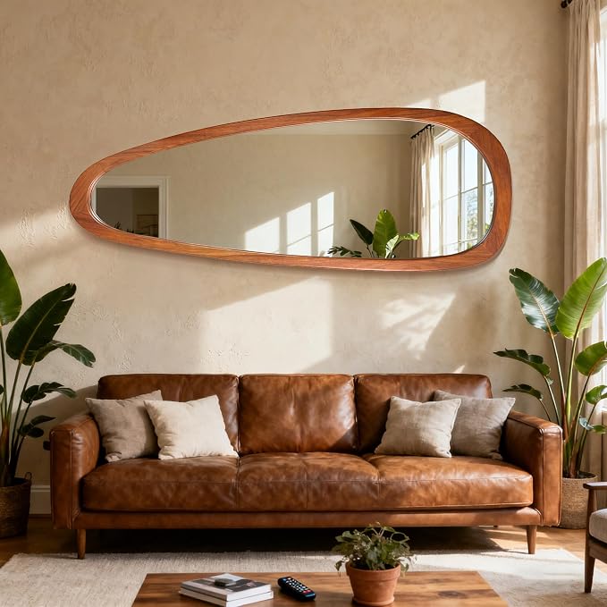 60''x22'' Asymmetrical Mirror with Wood Frame, Small Irregular Wavy Wall Mirror, Odd Shaped Mid Century Modern Mirror Decor for Bedroom Living Room Entryway Hall