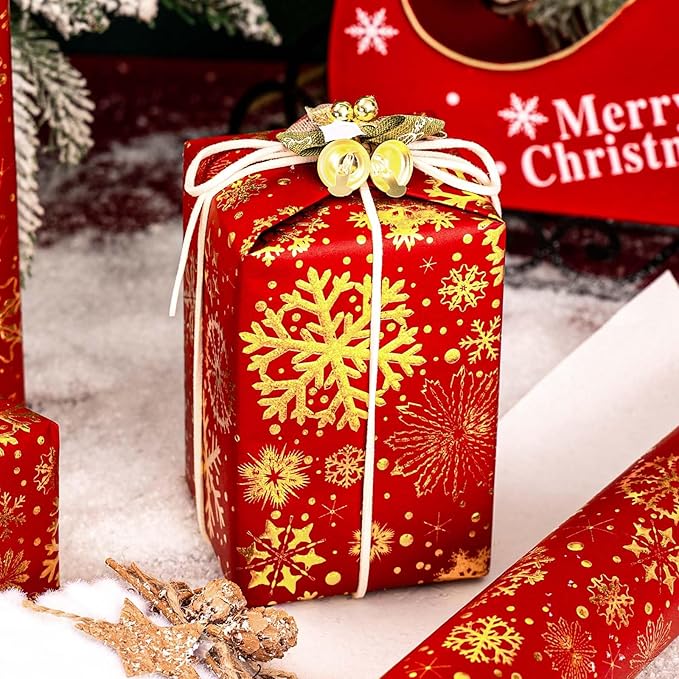 Flyhill Kraft Christmas Wrapping Paper,Gold Luxury Snowflake Metallic Gold Embossed Foil Gift Wrap Roll Design for Holiday, Party,Celebration, New Year (17 Inch X 32.8 Feet)