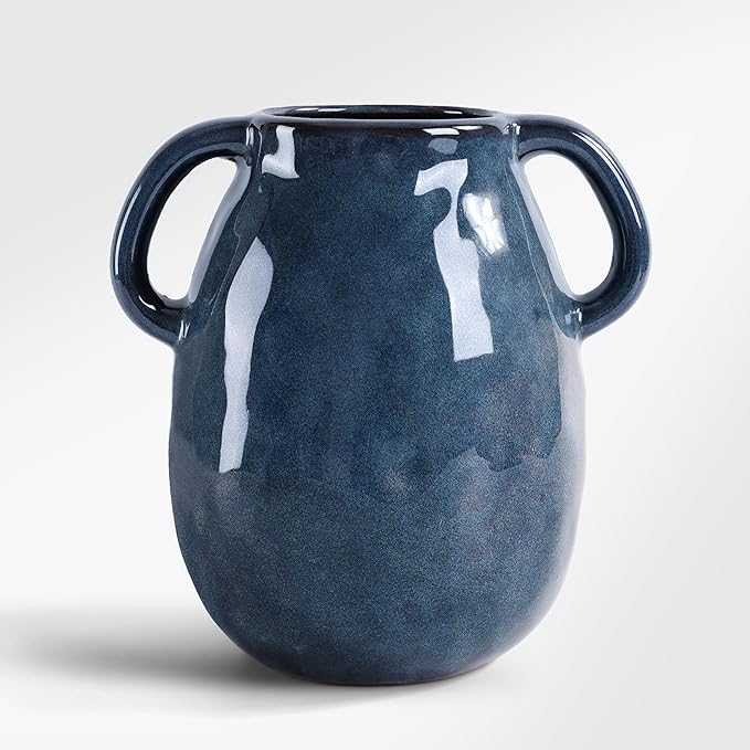 7 Inch Retro Navy Blue Ceramic Vase with Handles, Modern Glazed Blue Vase for Flowers, Farmhouse Vintage Flower Vase Decorative for Home Decor, Table, Counter, Living Room, Bedroom, Entryway