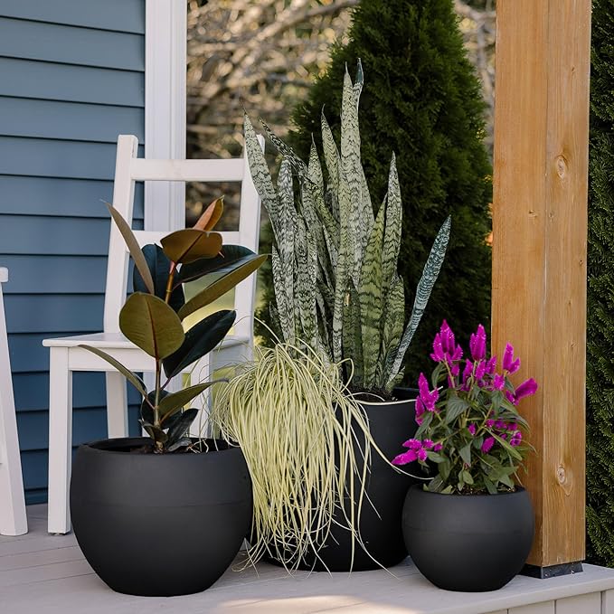Beuta Large Planters for Outdoor Plants - Set of 3, 8/12/14 Inches Outdoor Planters for Porch - Tall Planter for Outdoor & Indoor Plants | Large Indoor Plant Pot - USA Made - Black