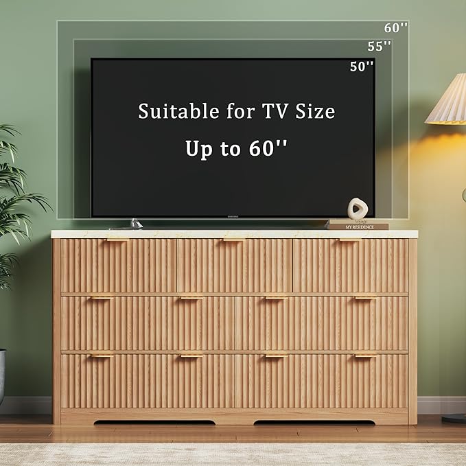 Fluted Dresser for Bedroom with 7 Drawers, 53" Wide Mid Century Modern Dressers with Faux Marble Top & Metal Handle, Wooden Chest of Drawers TV Stand, Natural Wood Closet Storage Organizer,Natural Oak