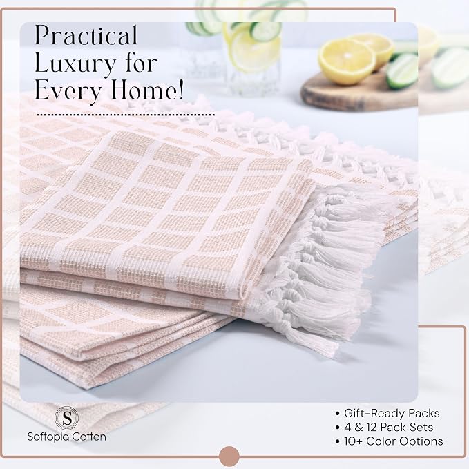Matrix Dobby Kitchen Towels 4 Pack 100% Cotton, 16"x26", Handmade Knotted Tassel Dish Towels, Reusable & Washable Cloths for Drying, Absorbent Tea Towel for Cleaning - Beige, White