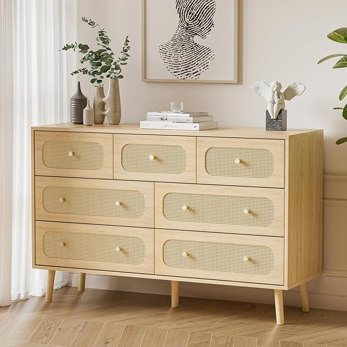SINROM® Rattan Dresser for Bedroom, Farmhouse Dresser 7 Drawer for Bedroom, Wide Chest of Organizer Storage Drawers for Living Room, Hallway, Entryway