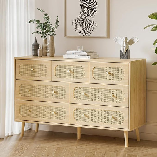 SINROM® Rattan Dresser for Bedroom, Farmhouse Dresser 7 Drawer for Bedroom, Wide Chest of Organizer Storage Drawers for Living Room, Hallway, Entryway