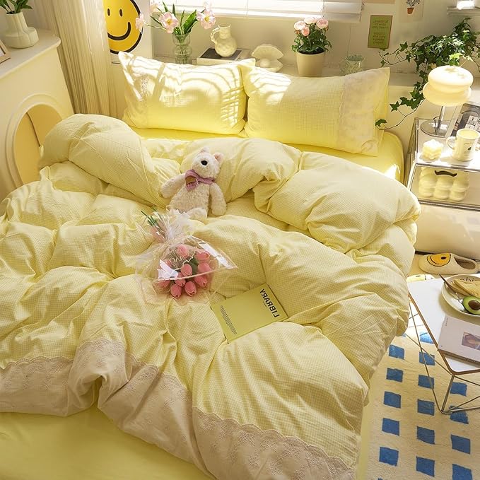 LifeTB Yellow Gingham Duvet Cover Queen 3 Pieces Romantic Lace Comforter Cover Soft Microfiber Cream Yellow Grid Duvet Cover Farmhouse Plaid Checkered Comforter Cover Grid Gingham Bedding Set