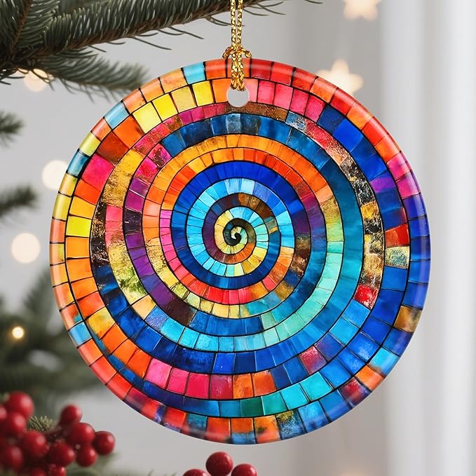 Christmas Ornaments, 2.8 Inch Ceramic Hanging Ornament, Christmas Tree Ornaments, Xmas Decorations, Holiday Decorations, Gifts for Art Lovers, Holiday Party Gifts, and Xmas Gift Ideas - Rainbow Spiral