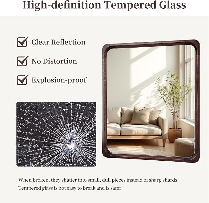 Tanmicoshomy Wood Bathroom Mirror 30 x 36 Inch, Solid Wood Framed Rectangle Mirrors with Tempered Glass for Living Room Bedroom or Entryway(Dark Brown)