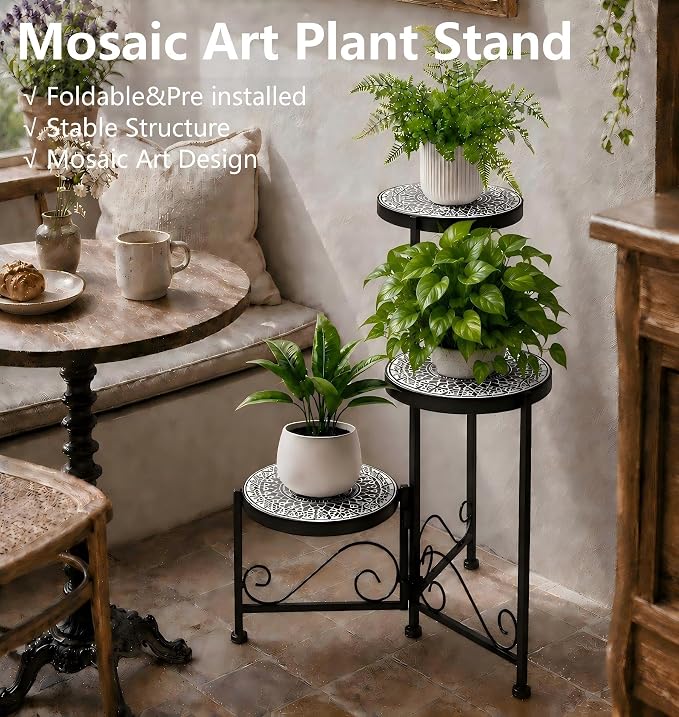 3 Tier Mosaic Plant Stand Foldable Corner Shelf for Indoor Outdoor Tall Plant Holder Display Rack for Patio Balcony Living Room Garden Decor