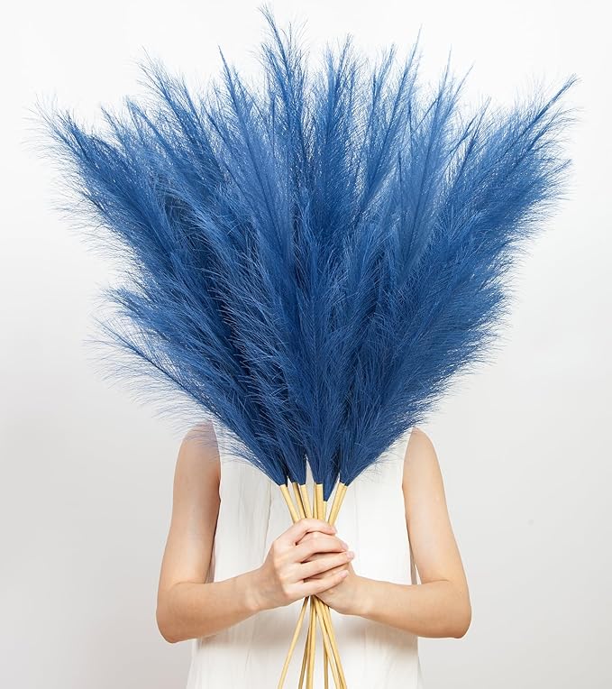 9 Pcs 45" Tall Pampas Grass Blue Decor, Long Stem Artificial Flower Floor Vase Large Faux Floral Pompas Fake Plants Dried Bouquet Arrangement Vase Filler for Boho Home Wedding Decoration