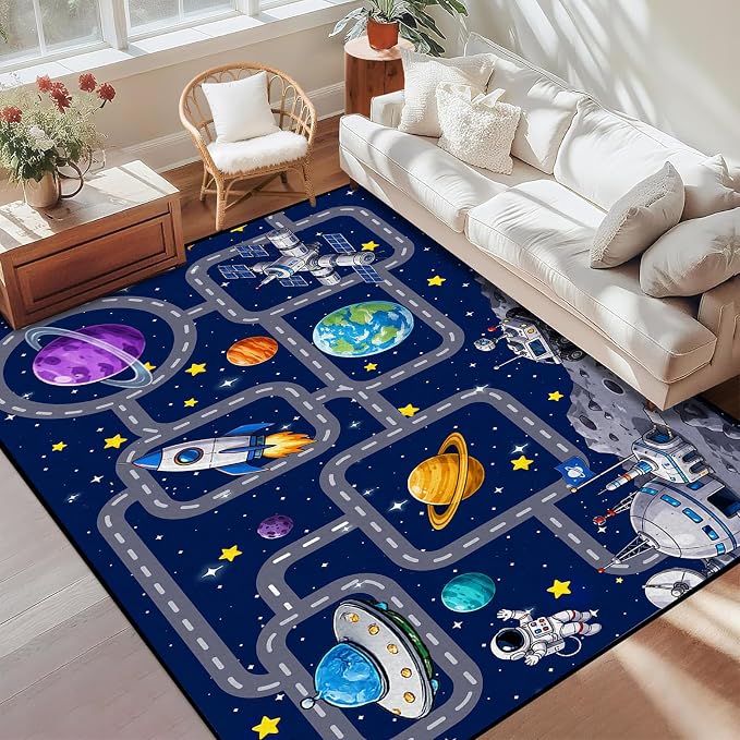 Outer Space Rug Astronaut Road Map Area Rug for Bedroom Living Room Nursery Kitchen Playroom Home Decor Washable Educational Floor Mat Galaxy Themed Carpet,4'x6'