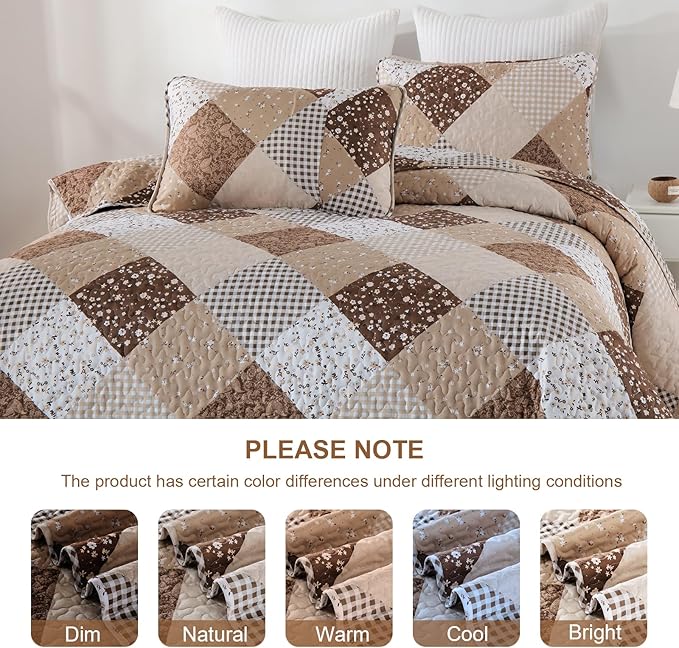 Dinjoy Floral Plaid Patchwork Quilt Set King Size, Reversible Brown Bedding Set Soft Microfiber Lightweight Bedspread Coverlet 3 Piece Fall Autumn Summer Use (110x90 inches)