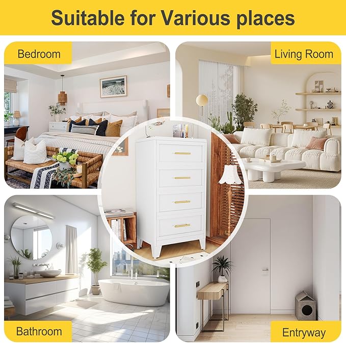 4 Drawers Tall White Dresser for Bedroom, 44.45" Metal Dressers & Chests of Drawers Curved Corner Design, Storage Organizer Drawer Chest with Large Capacity for Living Room, Entryway, Hallway