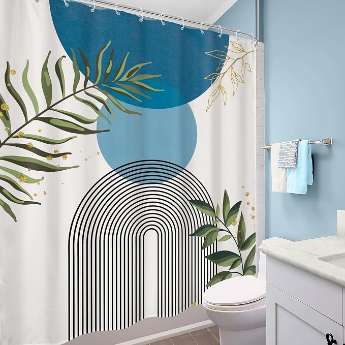 Blue Boho Modern Shower Curtain Mid Century Abstract Gold Green Leaves Sun Arch Minimalist Geometric Aesthetic Plant 60Wx72H Bathroom Decor Neutral Bath Curtain Fabric Polyester 12 Pack Hooks