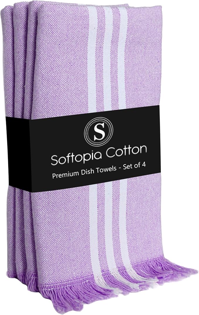 Striped Kitchen Towels 4 Pack, 16x26 Inches, 100% Cotton, Absorbent Dish Towels for Kitchen Drying, Reusable Dishcloths for Cleaning, Quick Dry Wash Rags for Everyday Use - Lavender