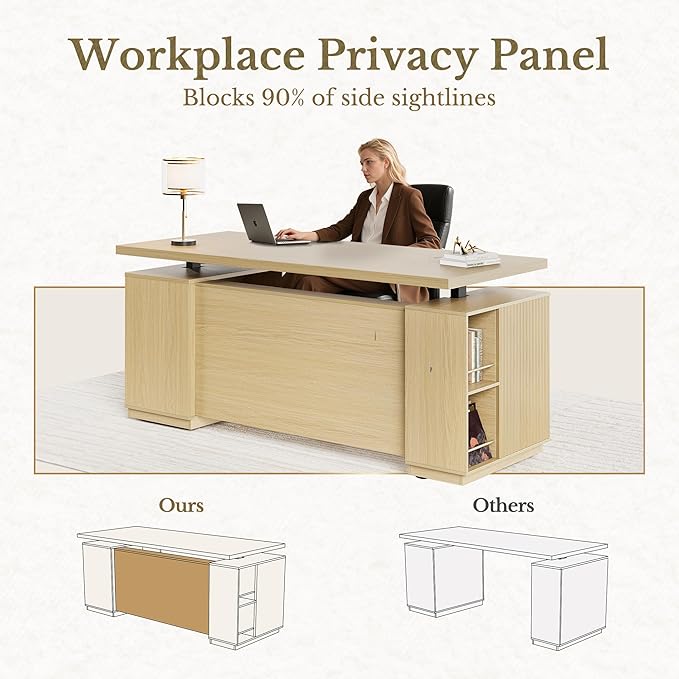 70" Standing Desk with Storage, Executive Electric Height Adjustable Stand Up Desk with AC/USB and Privacy Panel, Large One-Piece Destop, Fluted Computer Desk for Home Office, Light Walnut
