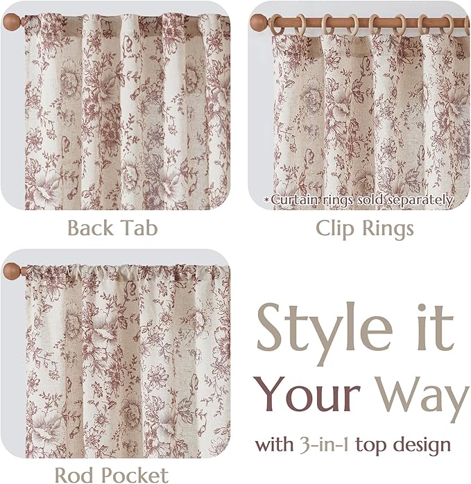 jinchan Linen Blend Curtain Floral Curtains for Living Room 63 Inch Length Christmas Brick Red Printed Curtain Rod Pocket Back Tab Farmhouse Peony Flower Patterned Drapes Curtains Set 2 Panels