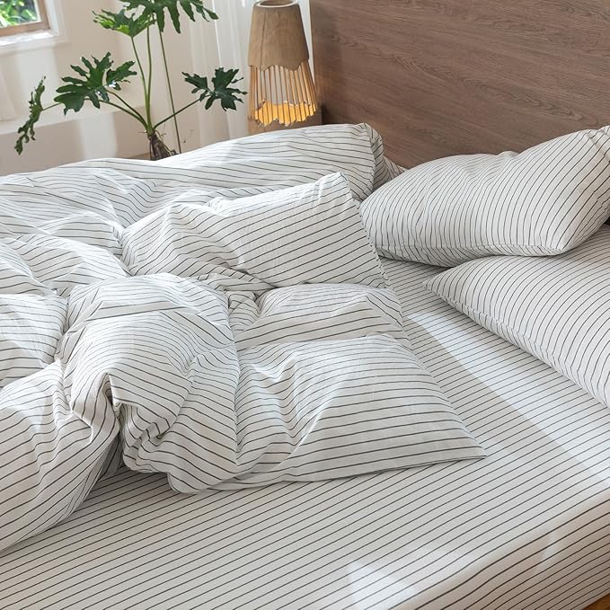 MooMee Striped Duvet Cover Set 100% Washed Cotton Linen Like Textured Breathable Durable Soft Comfy (White Heathered Green Wide Stripes, Oversized Full 82"x86")