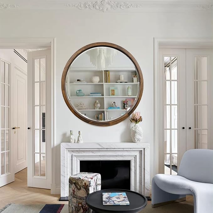 23.6 Inch Round Wall Mirror for Bathroom Large Circle Vanity Mirror for Wall Decor-Wooden Frame for Entryway Bedroom Living Room(Two-Tone Brown)