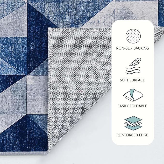 8x10 Navy Blue Area Rug Modern Geometric Blue White Beige Bedroom Rug Soft Low Pile Thin Large Carpet Living Room Non Slip Dining Room Stain Resistant Office Washable Machine