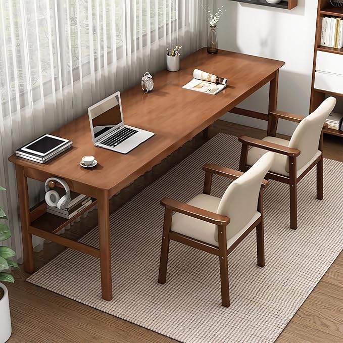 63" Long Solid Wood Desk Mid Century Modern Desk, Home Office Computer Desk, Simple Solid Wood Writing Desk Study Table Workstation, Walnut