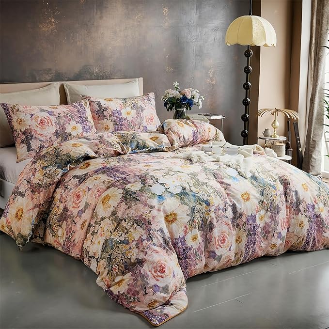 100% Cotton Duvet Cover King Size – Romantic Garden Impressionist Floral Duvet Cover Set with Zipper Closure, 3-Piece Luxury & Soft Bedding Set for All Seasons