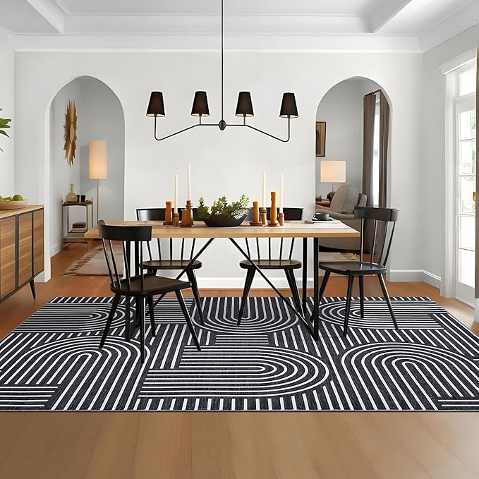 Washable Boho 9x12 Large Area Rug Modern Abstract Black White Rugs Non Shedding Soft Bedroom Carpet Ultra-Thin Low Pile Living Room Floor Mat Non Slip Modern Carpet for Playroom Dining Room, Black
