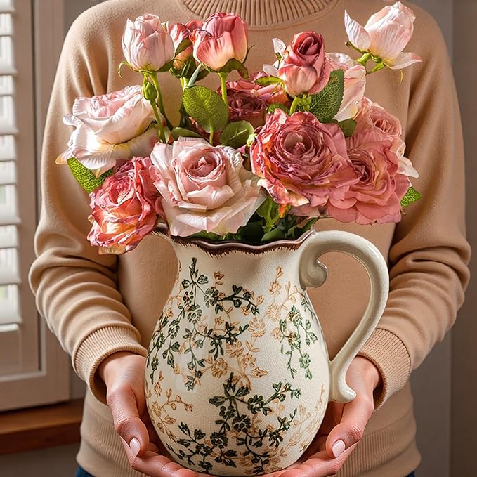 Green and Beige Vintage Vase with Handle,Retro Chinoiserie Vase,Farmhouse Antique Decorative Ceramic Vases for Home Decor,Living Room, Bookshelf, Office, Grand Millennial Decor(H8.05 Inch)