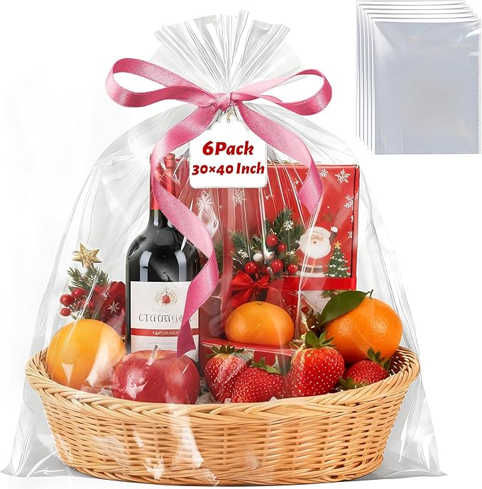 6 Pack Large Cellophane Bags for Gift Baskets 30×40 Inch – 2.8 Mil Thick Clear Cellophane Wrap for Christmas Gift Baskets, Holiday Parties, Birthdays & Weddings – Durable Plastic Clear Gift Bags
