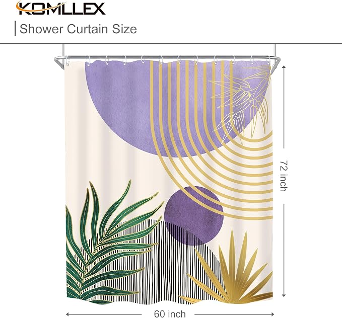 KOMLLEX Mid Century Purple Green Boho Shower Curtain 60Wx72L Inches Abstract Modern Shower Curtains for Bathroom Gold Botanical Minimalist Arch Sun Fabric Liner Waterproof Polyester 12 Pack Hooks