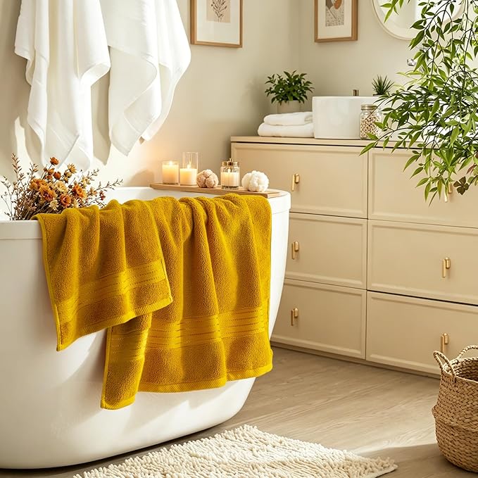 COZYART Gold Bath Towel Set 6pcs, Turkish Cotton Bathroom Towel Sets Soft Absorbent and Durable 650 GSM Luxury 6 Pcs with 2 Bath Towels, 2 Hand Towels, 2 Washcloth