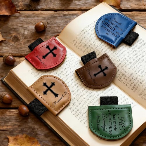Bygone Mark Personalized Leather Bookmark with Pen Holder - Inspirational Bible Verse Design (Brown, Psalm 119:105)