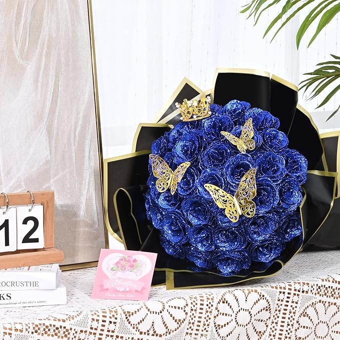 Waipfaru 24 Pcs Glitter Roses Bouquet, DIY Fake Flowers Bouquet, Artificial Blue Rose Bouquet for Valentines, Mothers Day Gifts, Anniversary, Engagement, Wedding