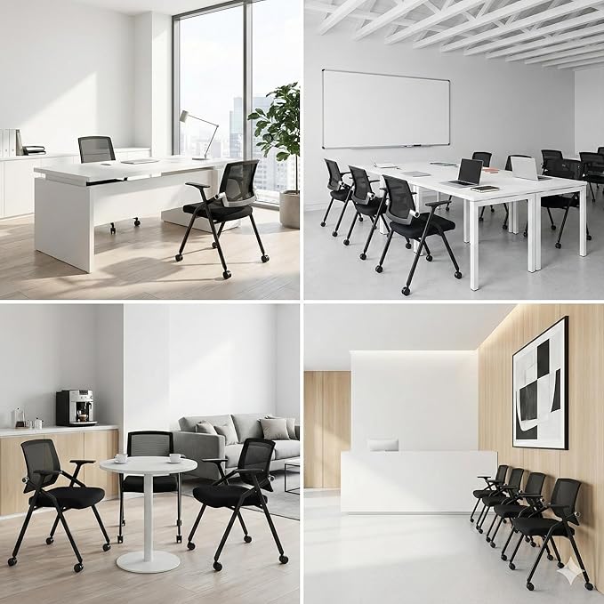 8 Pack Stackable Conference Room Chairs with Paddle Folding Office Chair Foldable Desk Chair Mesh Back and Arms for Conference Meeting Guest Reception Home Office Training Room Chair Black