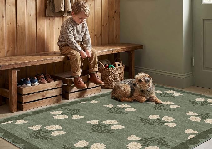 4x6 Covered Outdoor Patio Rug - Green Washable Front Porch Entry Rug Non-Slip Door Mat Indoor Outside Entrance Vintage Floral Scalloped Area Rug for Living Room Entryway Backyard Porch Decor