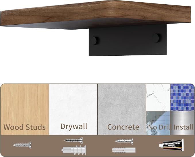Danpoo Solid Walnut Floating Shelf, 8 inch Small Natural Wood Wall Mounted Shelf for Bathroom, Kitchen, Bedroom, Living Room, Farmhouse Decor