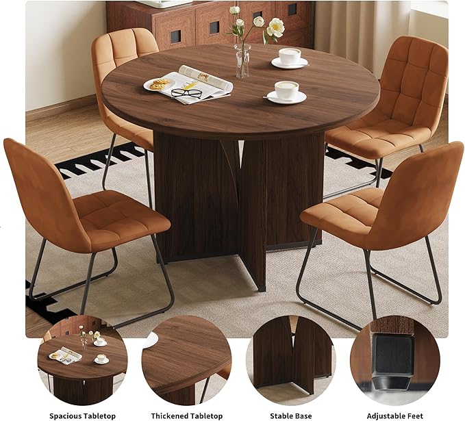 HIPIHOM Modern Round Dining Table Set for 4, 39.4" Walnut Kitchen Table with 4 PU Leather Chairs, 5-Piece Mid-Century Dining Room Set for Small Spaces, Pedestal Base