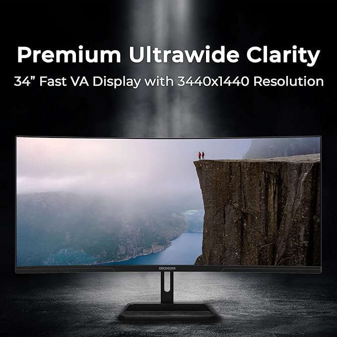 Deco Gear 34” Ultrawide Curved Gaming Monitor 3440×1440 UWQHD, 180Hz, 1ms MPRT, VA Panel, 1500R, HDR Ready, 100% sRGB, Adaptive Sync, Dual HDMI/DP, 21:9, VESA Mount, Tilt Adjustable - American Seller