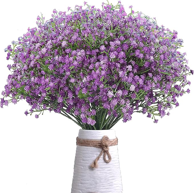 JIFTOK Babys Breath Artificial Flowers, 24 Pc Fake Flowers Gypsophila Bouquet Fall Flowers Artificial for Decoration, Real Touch Silk Flower for Wedding Christmas DIY Party Home Garden Office (Purple)