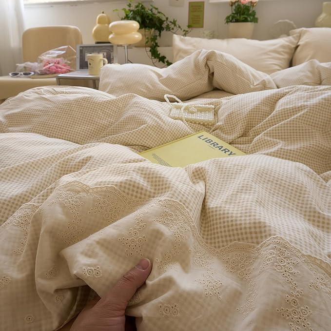 LifeTB Tan Gingham Comforter Set Queen Princess Lace Style Beige Taupe Plaid Comforter Set Soft Fluffy Grid Farmhouse Gingham Bedding Set Vintage Plaid Checkered Comforter with 2 Pillowcases