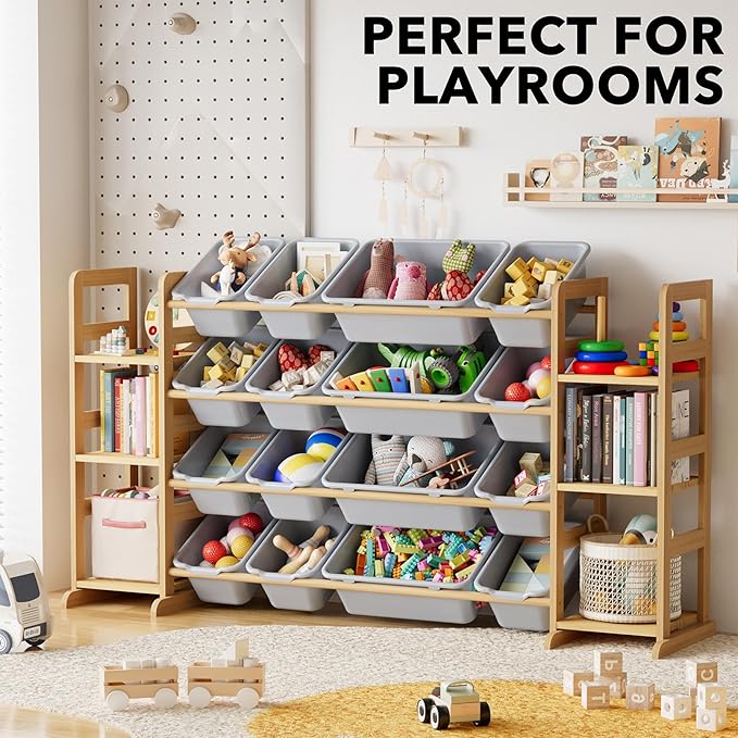 SpaceAid Toy Storage Organizer with 6 Shelves and 16 Bins, Toy Organizers Storage Bookshelf, Kids Bin Shelf Toys Box Bookcase for Bedroom Playroom Organization Room Decor, Neutral Gray