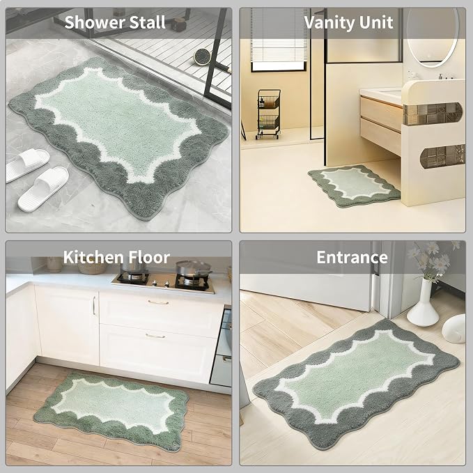 Scalloped Green Bathroom Rugs Mat,Non Slip Absorbent Quick Dry Bath Mats for Shower Room,Plush Microfiber Bath Mats for Bathroom Floor Washable Carpet for Shower Tub Sink Bedroom,20"x32"