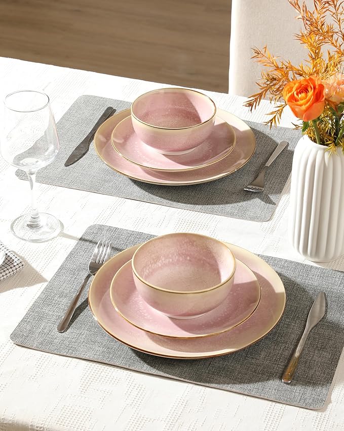 Sweejar Dinnerware Sets Service for 4, 12 pcs Porcelain Plates and Bowls for Kitchen, Housewaring Gift, Chip and Scratch Resistant Dish Set, Handmade Dishwasher and Microwave Safe Plate Set, Pink