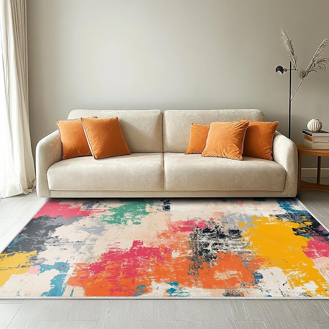 5x7 Colorful Area Rug Modern Abstract Beige Orange Yellow Pink Blue Black White Grey Rug Bedroom Low Pile Thin Large Carpet Living Room Non Slip Dining Room Stain Resistant Office Washable Machine