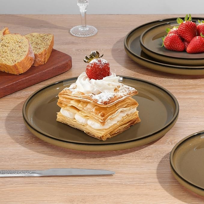 E-far Stoneware Dinnerware Sets for 2, 6 Pieces Reactive Glaze Plates and Bowls Sets, Elegant Dishes with Rustic Terracotta Base, Dishwasher & Microwave Safe, Scratch Resistant, Deep Camel