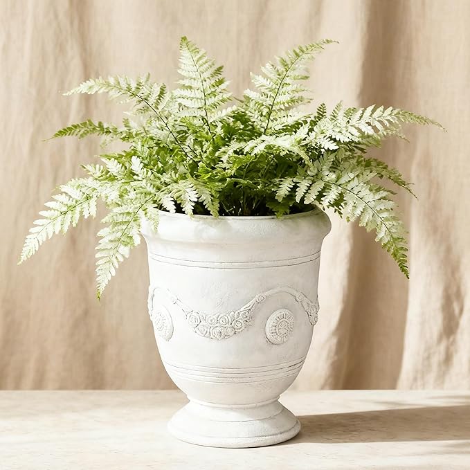 Large Urn Planter Magnesium Oxide Plant Pot with Cement Texture Concrete Urn Planters with Drainage Hole, 14" Dia x 17.5", White