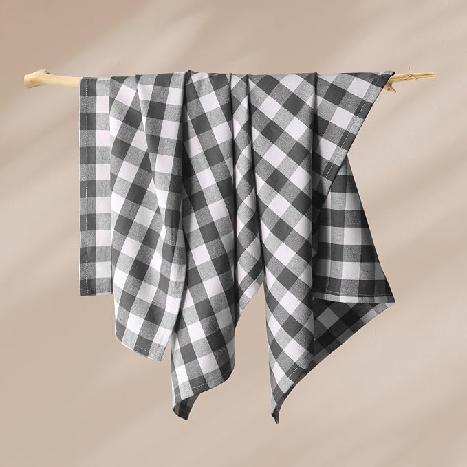 Gingham Checked Kitchen Towels 12 Pack, 18"x26", 100% Cotton, Absorbent Dish Towel for Kitchen Drying, Reusable Dishcloths Set for Cleaning, Quick Dry Wash Rags - Grey, White